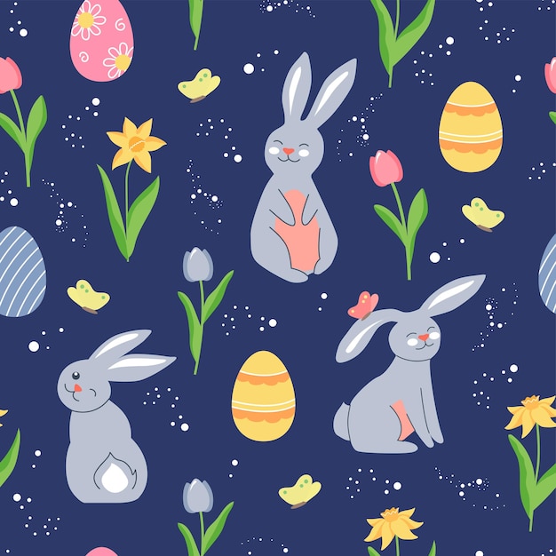 Easter beautiful seamless background Cute cartoon rabbits and flowers on a dark blue background