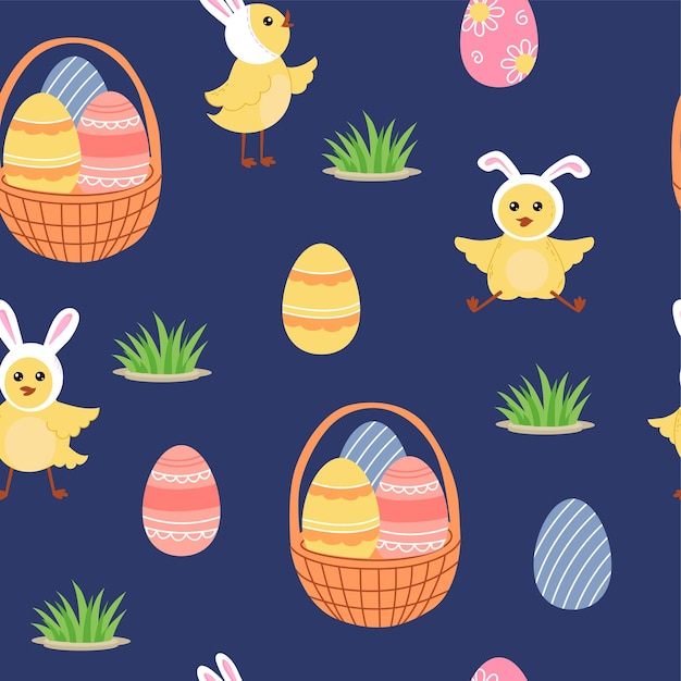 Easter beautiful seamless background Easter basket eggs and cute cartoon chicks blue background