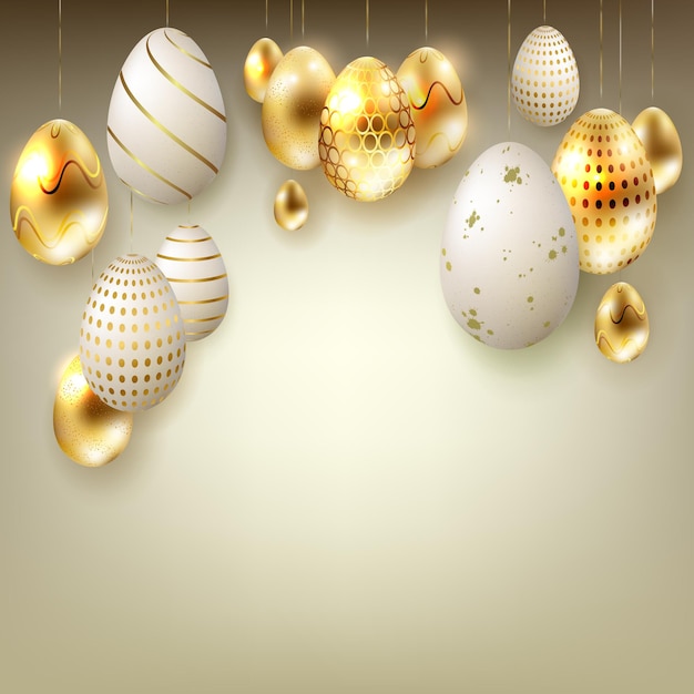 Пасхальная бежевая композиция с яйцами на подвесках в золоте и белом, поздравительная открытка.