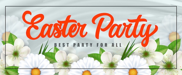 Пасхальная лучшая вечеринка для всего праздничного баннерного дизайна с рамкой и белыми цветами.