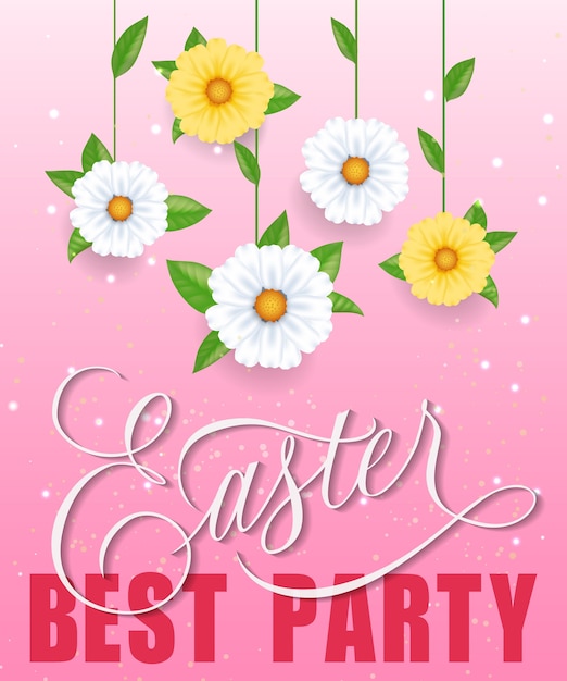 Easter best party lettering with flowers and sparkles on gradient pink background.