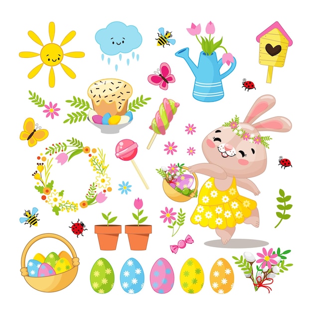 Vector easter big holiday set with eggs and rabbit in cartoon style element for design