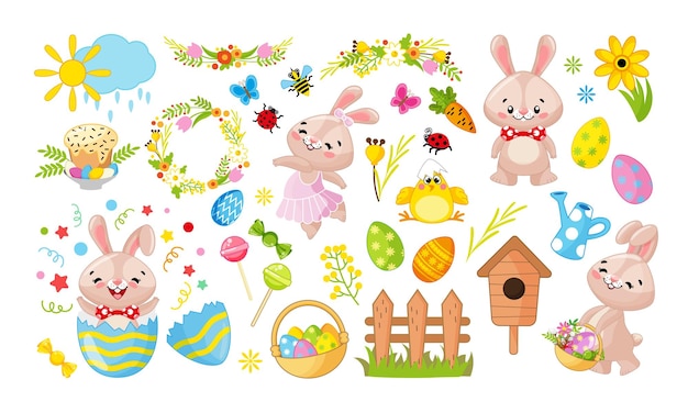 Easter big holiday set with eggs and rabbit in cartoon style Element for design