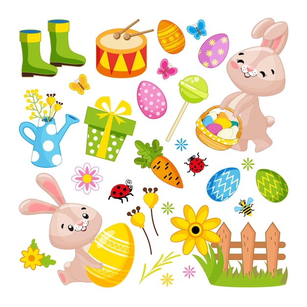 Easter big holiday set with eggs and rabbit in cartoon style Element for design