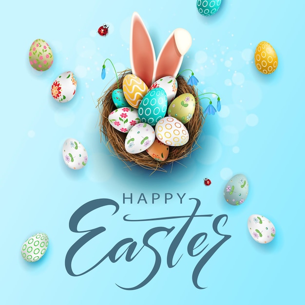 Easter blue composition, eggs in a basket with a beautiful pattern, bunny ears, snowdrops flowers.