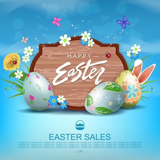 Easter blue illustration with a curly frame, eggs with a pattern, grass with flowers.