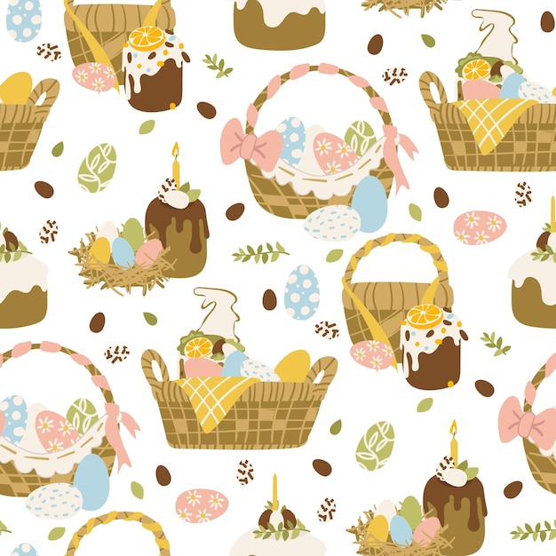 Easter bun pattern eggs decor basket eggs candles hares and decor Pastel palette Easter vector