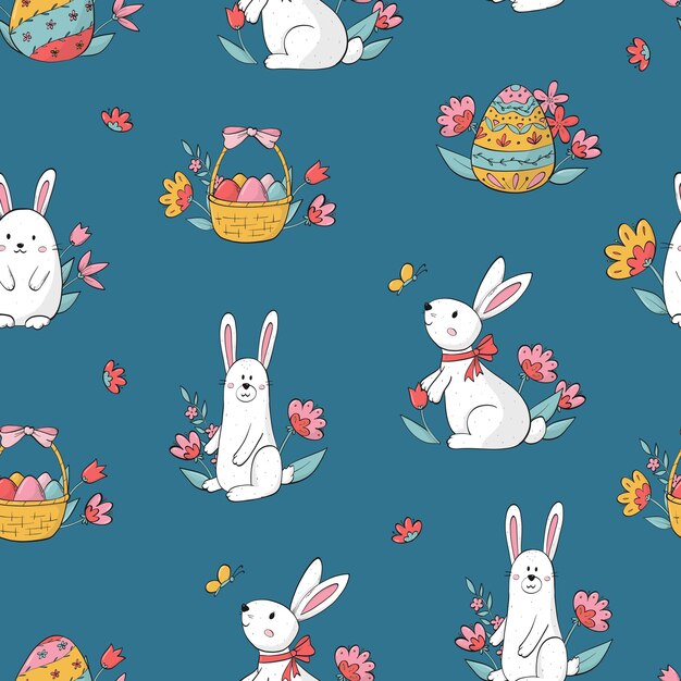 Вектор Пасхальные кролики бесшовный рисунок с цветами и яйцами для обоев скрапбукинга текстильных принтов