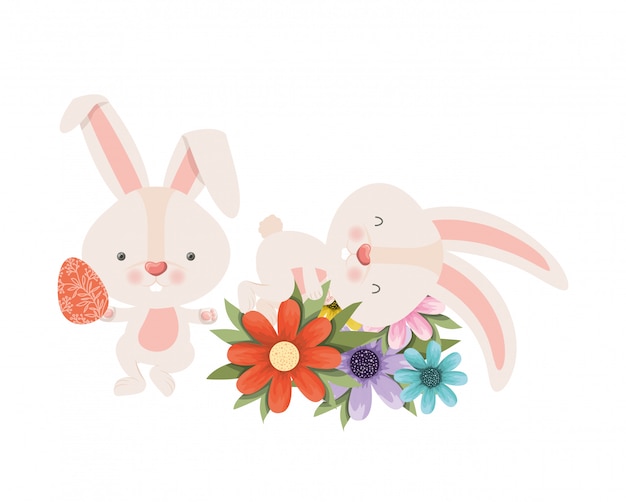 Easter bunnies with flowers isolated icon