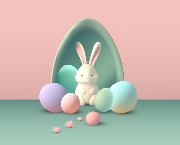 Easter bunny 3d vector concept rabbit eggs cute background pastel spring holiday happy render