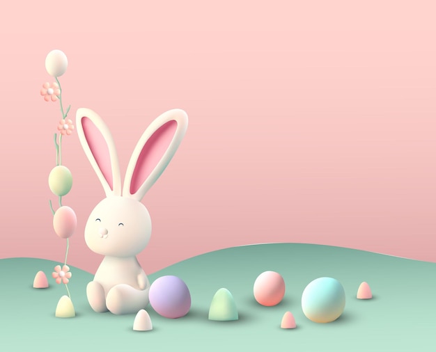 Easter bunny 3d vector concept rabbit eggs cute background pastel spring holiday happy render