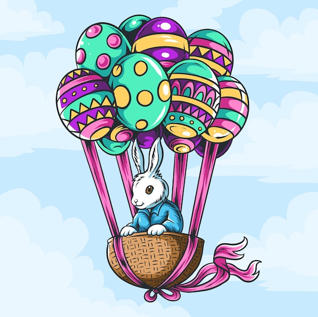 Easter bunny in basket with flying balloon eggs