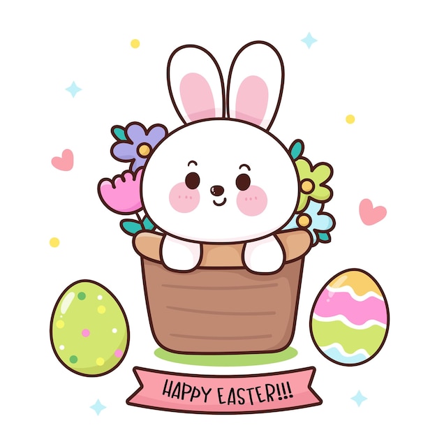 Vector easter bunny in a basket with a sign that says happy easter