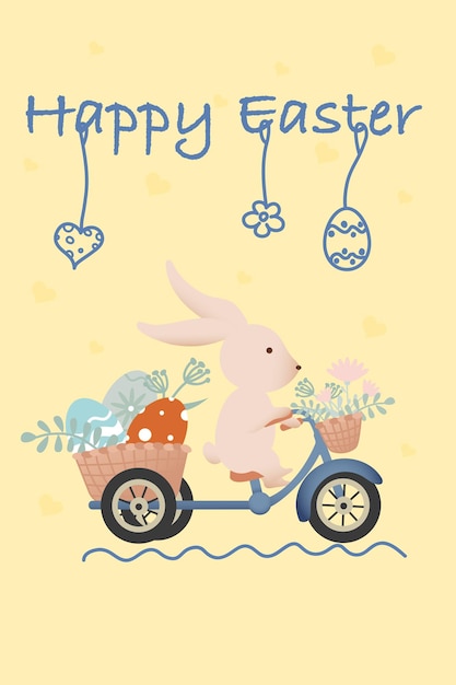 Easter bunny on a bicycle Basket with Easter eggs Illustration in retro style Hand drawn