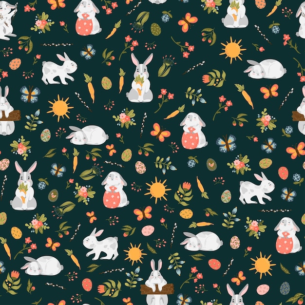 Easter bunny carrot flowers eggs willow vector seamless pattern Rabbit vegetable butterfly