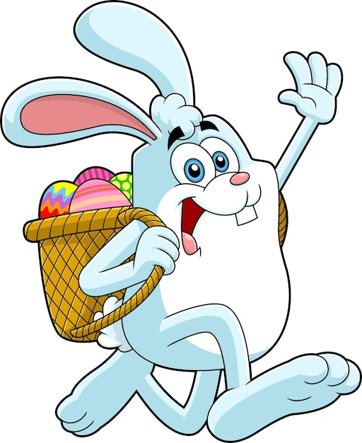 Easter Bunny Cartoon Character Running With A Basket And Eggs