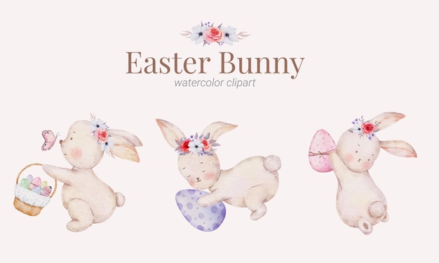 Easter bunny cartoon cute hand paint watercolour collection