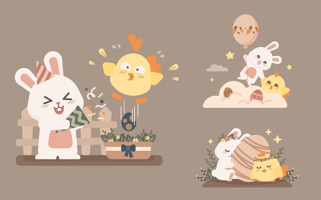 Set di personaggi del coniglietto pasquale e del pollo