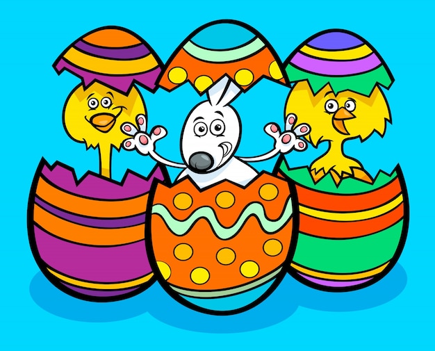 Easter bunny and chickens cartoon illustration