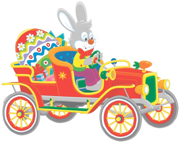 Easter bunny driving its retro car with a big colorfully painted egg and gifts