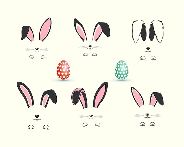 Коллекция ушей пасхального кролика и пасхальных яиц, иллюстрация лица кролика и яйца