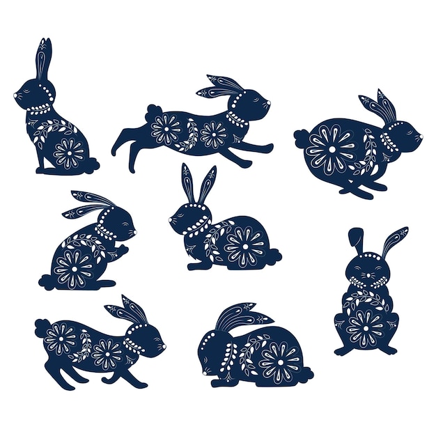 Vector easter bunny in ethnic patterns in colors and vegetation with different emblems and plants