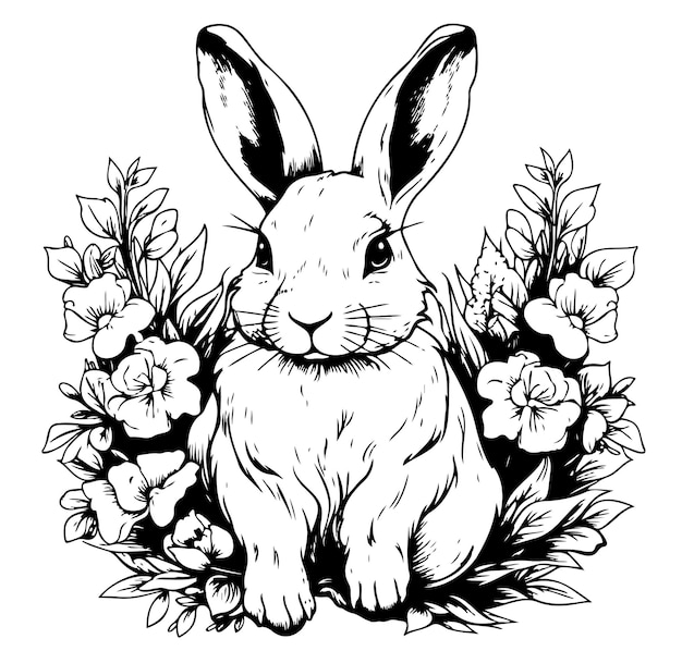 Пасхальный кролик в цветах, ручной эскиз в стиле рисунка.