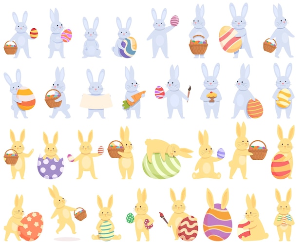 Easter bunny icons set cartoon vector Happy rabbit