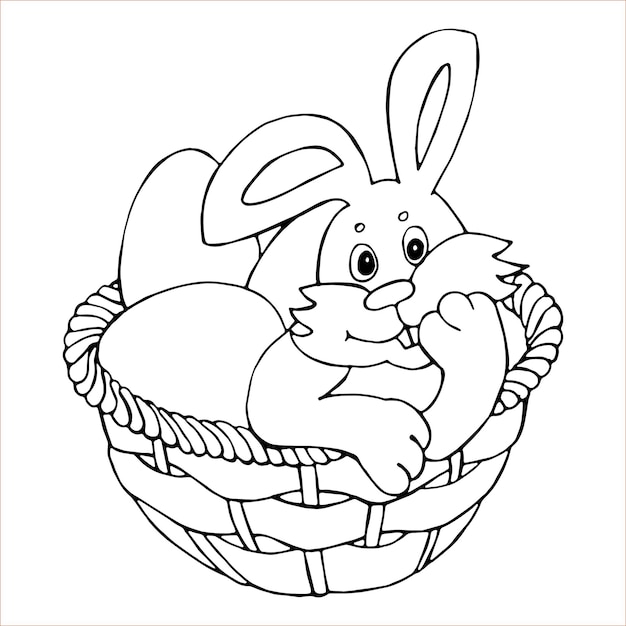 Vector the easter bunny is sitting in a basket with easter eggs for coloring with black and white linear images