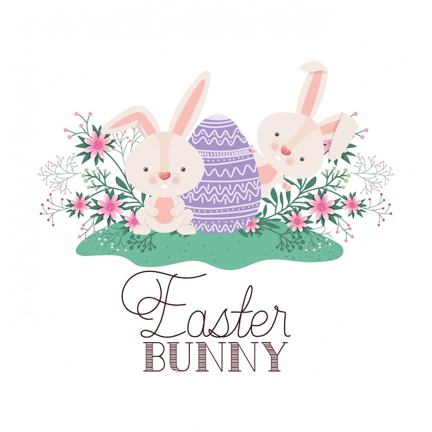 Easter bunny label with egg and flowers icon