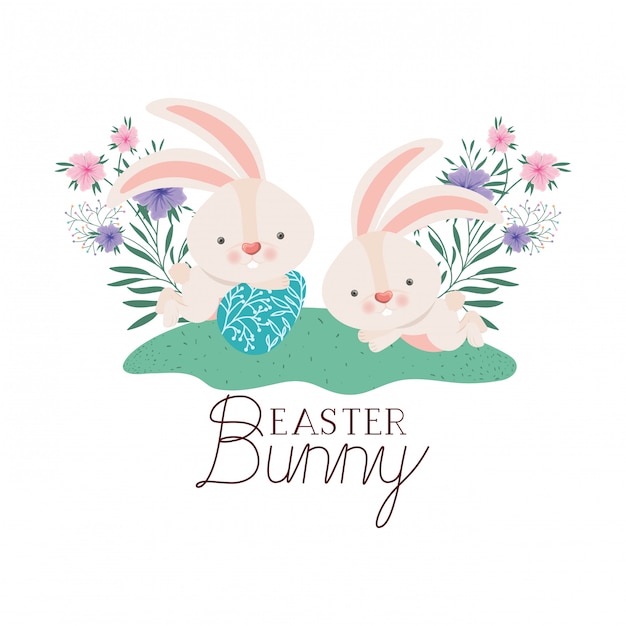 Easter bunny label with egg and flowers icon