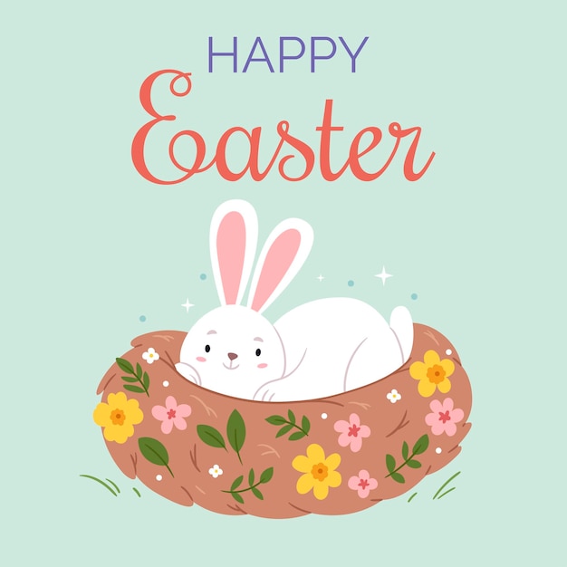 Easter bunny lies in a spring nesteaster cardhappy eastercute spring illustration