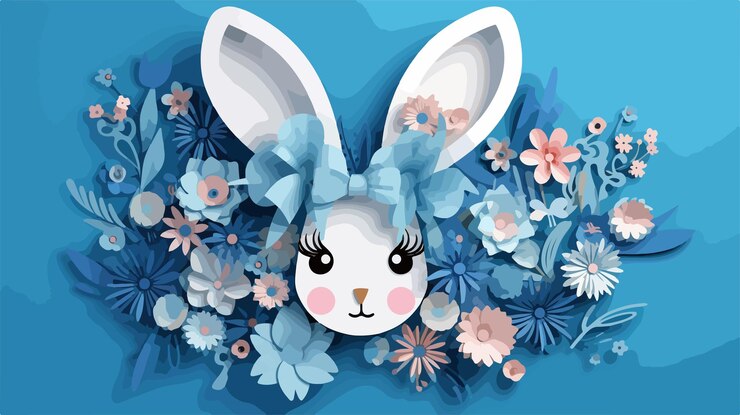Vector easter bunny paper craft with eggs flowers and hairdressing