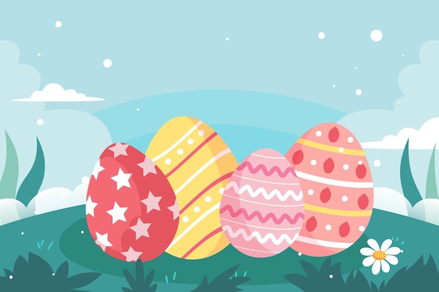 Easter, bunny playing in the forest with trees and plants in the background, vector illustration