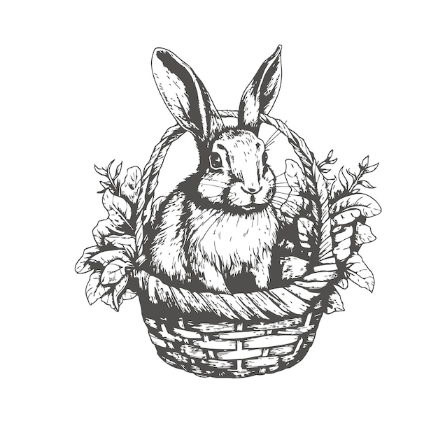 Easter bunny rabbit in basket in black and white A handdrawn sketch highlighted on a white background Vector illustration