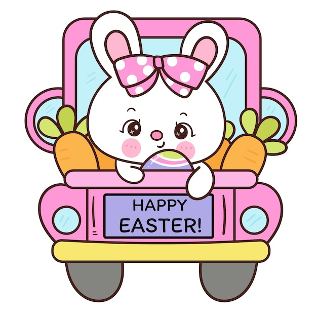 Vettore il coniglio di pasqua kawaii cartone animato in macchina carta divertente e banner personaggio animato
