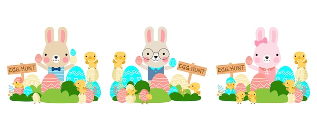 Vector easter bunny rabbits with baby chicks and easter eggs welcome spring season