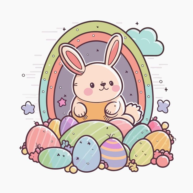 Easter bunny in a rainbow with eggs