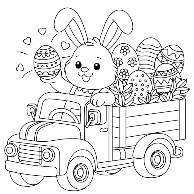 Vector easter bunny rides a truck with easter eggs coloring page easter coloring page for kids