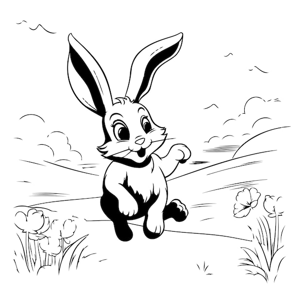 Easter Bunny Running in the Field Black and White Cartoon Illustration