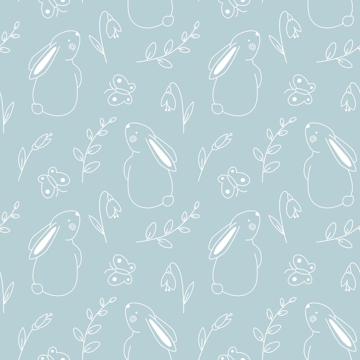 Vector easter bunny seamless pattern white outline drawing on light blue background