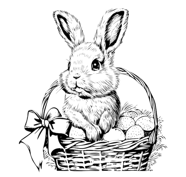 Вектор Пасхальный кролик сидит в корзине с яйцами, нарисованными вручную.