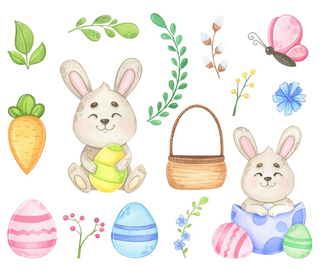 Vector easter bunny and spring flowers watercolor clipart on a white background