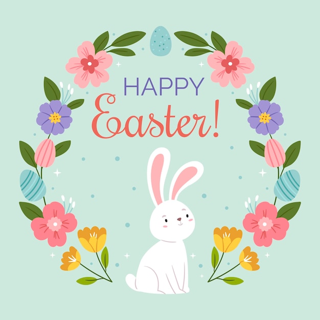 Vector easter bunny in a spring wreatheaster cardhappy eastercute spring illustration