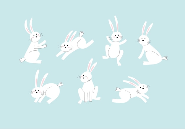 Easter bunny trendy set Minimalist holiday characters cute stylized rabbits vector illustration