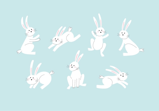 Easter bunny trendy set minimalist holiday characters cute stylized rabbits vector illustration