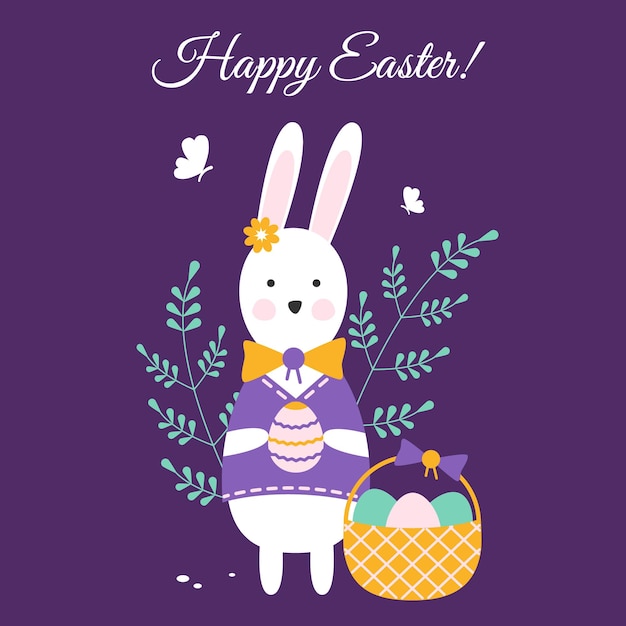 Easter bunny Wicker basket filled with holiday eggs Vector illustration of Easter greeting card