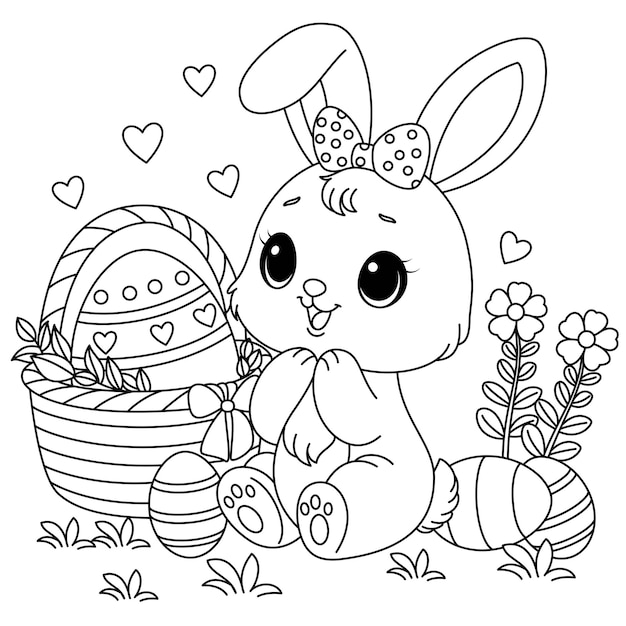 Vector easter bunny with basket of painted eggs coloring page for kids