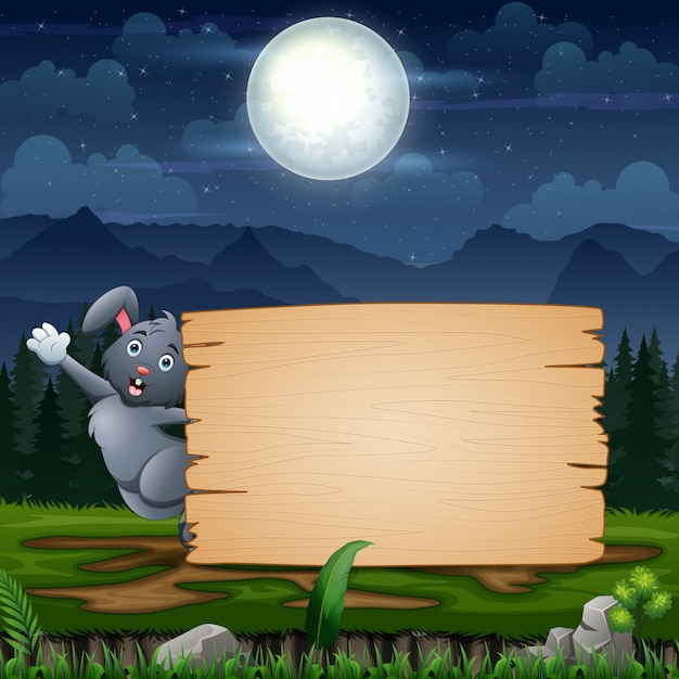 Пасхальный кролик с пустым знаком на ночной пейзаж