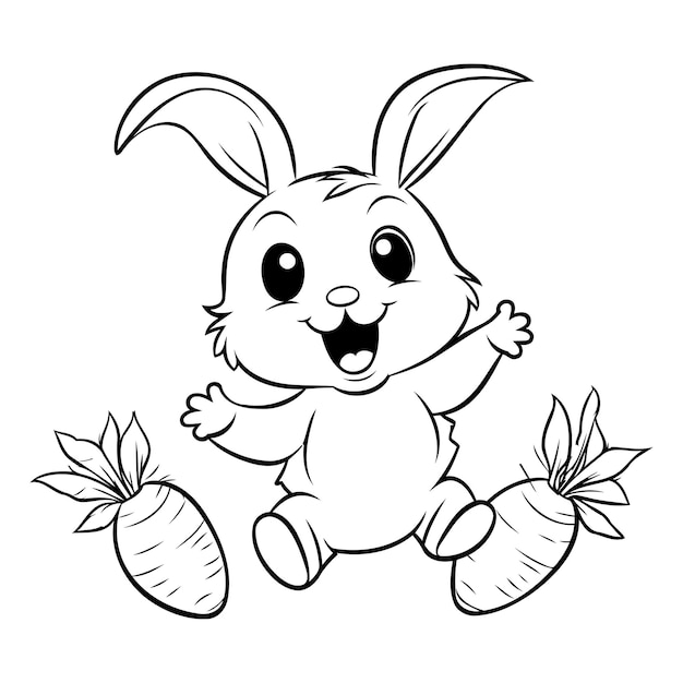 Easter bunny with carrots coloring book for children vector illustration